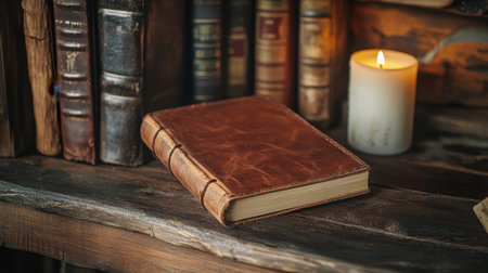 A vintage leather journal rests elegantly on a wooden shelf, accompanied by classic books and a glowing candle, creating a warm and inviting space perfect for reflection and creativity.の素材