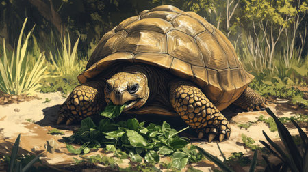 This beautiful illustration showcases a tortoise enjoying a meal in a vibrant outdoor setting, emphasizing the calmness and intricate details of its natural habitat.の素材