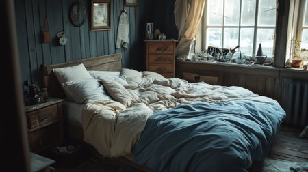 A serene bedroom showcases soft bedding and natural light, creating a cozy atmosphere. Vintage decor elements add charm, perfect for moments of relaxation and tranquility.の素材