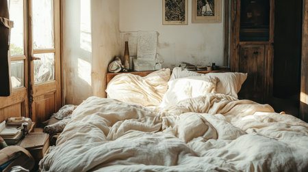 A serene bedroom scene showcasing soft blankets and natural light, creating a cozy atmosphere perfect for relaxation and intimate moments in a rustic home setting.の素材