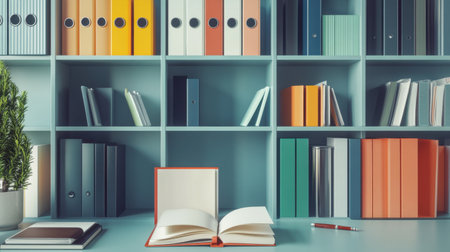 A modern workspace featuring a colorful bookshelf with organized books and an open notebook on the desk, perfect for inspiring creativity and enhancing productivity in any study or office setting.の素材