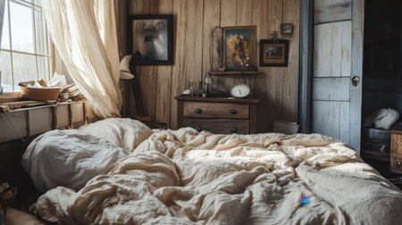 A cozy rustic bedroom featuring soft bedding and natural light, with wooden decor elements that create a warm and inviting atmosphere perfect for relaxation.の素材