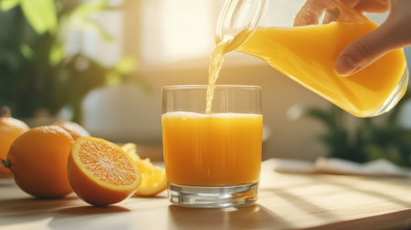 A hand pours vibrant orange juice into a clear glass, capturing the essence of a nutritious breakfast, illuminated by warm morning sunlight, with fresh oranges nearby.の素材