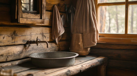 A serene rustic bathroom scene displays a vintage sink and soft towels illuminated by gentle sunlight through a window, creating a cozy retreat atmosphere.の素材