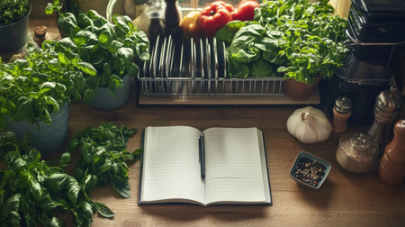 A vibrant kitchen scene featuring fresh herbs and vegetables on a wooden counter, with an open notebook ready for recipe ideas and culinary creativity.の素材