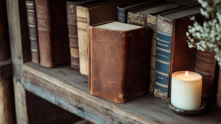 A serene and inviting scene featuring a leather-bound book, vintage books, and a softly glowing candle, perfect for a cozy reading corner in a home or library.の素材
