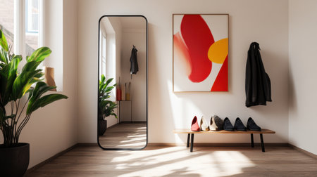 A bright and inviting entryway showcasing a stylish floor mirror, vibrant artwork, and a sleek shoe rack, enhanced by indoor plants and natural illumination, evoking warmth and modern elegance.の素材