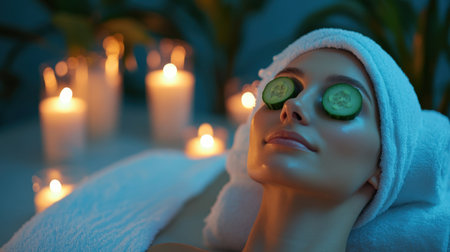 A serene woman enjoys a soothing spa treatment with cucumber slices covering her eyes, enhanced by the warm glow of candles and surrounded by serene greenery.の素材