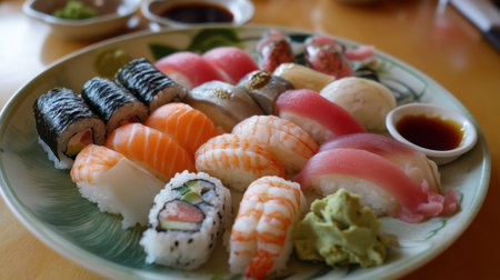 A vibrant plate of sushi showcasing an array of fresh fish, perfect for food lovers and culinary enthusiasts, highlighting craftsmanship and colorful presentation.の素材