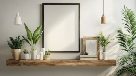 A beautifully styled wooden shelf showcases a selection of potted plants and a blank frame, creating a serene and modern atmosphere for any interior space.の素材