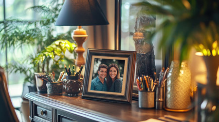A beautiful home office scene featuring a framed photo of a smiling couple on a stylish desk, surrounded by greenery and warm lighting creating an inviting atmosphere.の素材