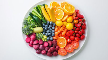 A beautiful plate filled with an assortment of fresh fruits and vegetables, showcasing a variety of colors and textures ideal for healthy eating and vibrant dishes.の素材