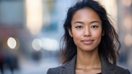 A confident young woman stands outdoors in an urban environment, featuring natural beauty, warm light, and a soft focus background that enhances her approachable expression.の素材