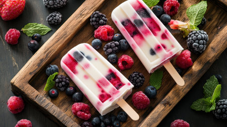 Enjoy a vibrant arrangement of berry yogurt popsicles on a rustic wooden tray, surrounded by fresh berries and mint leaves, ideal for refreshing summer snacks or desserts.の素材