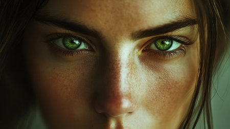 Captivating close-up portrait of a young woman showcasing her unique green eyes and freckles, embodying beauty and emotion in a soft and serene atmosphere.の素材