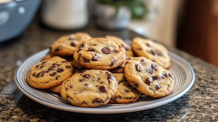 A mouthwatering display of freshly baked chocolate chip cookies on a charming blue plate, perfect for sharing and enjoying in any warm kitchen atmosphere.の素材
