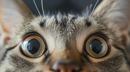 This close-up photograph captures the adorable and curious expression of a cat, highlighting its large eyes and intricate fur details against a soft background.の素材