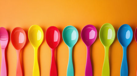A row of bright plastic spoons displayed on a vibrant orange background, adding a cheerful touch to any cooking or dining experience. Perfect for casual meals and playful occasions.の素材