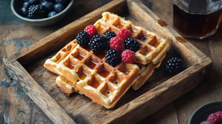 A stack of warm waffles generously topped with fresh raspberries and blackberries, drizzled with syrup, presented on a rustic wooden tray. Perfect for cozy breakfast moments.の素材