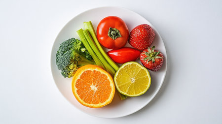 A beautifully arranged plate showcasing an array of fresh fruits and vegetables including oranges, lemons, strawberries, and broccoli, perfect for promoting healthy eating habits.の素材