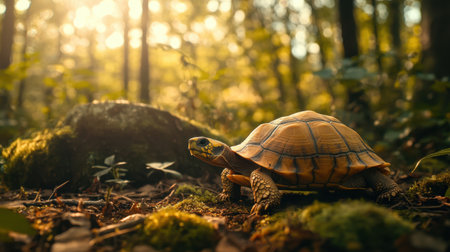 A stunning close-up of a turtle moving through a sunlit forest, highlighting the intricate details of its shell and the vibrant natural surroundings in a serene setting.の素材