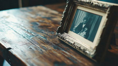A stunning vintage photograph displayed in an ornate frame, positioned on a rustic wooden table, evokes a sense of nostalgia and warmth, perfect for interior decor.の素材