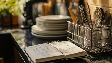 A beautifully arranged kitchen scene showcasing an open recipe notebook, clean dishes, and utensils, capturing the essence of culinary creativity in a warm and inviting space.の素材