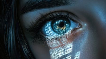 A mesmerizing close-up of an eye reflecting abstract code and text, embodying the fusion of technology and human emotion in a captivating artistic portrayal.の素材