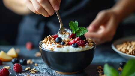 A close-up of a delicious yogurt bowl topped with granola and fresh berries, showcasing a healthy breakfast option that is both nourishing and delightful to eat.の素材