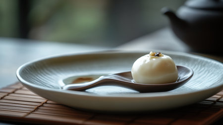 A visually striking Asian dessert, artfully placed on a spoon and plate, captures the essence of elegance and flavor, enhanced by natural light for an inviting presentation.の素材