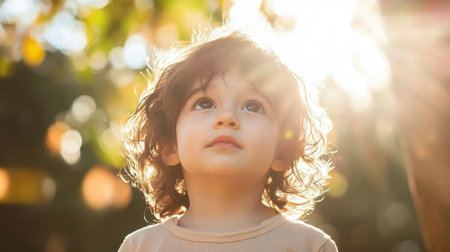 A young child with beautiful curly hair gazes upward in a serene outdoor setting filled with sunlight and nature, embodying innocence and curiosity in a captivating moment.の素材