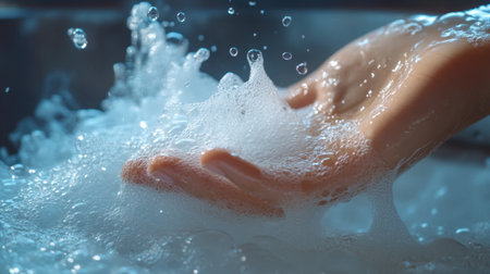 A serene close-up shot of a hand immersed in soapy water, creating a tranquil scene filled with bubbles and sparkles, symbolizing cleanliness and relaxation.の素材