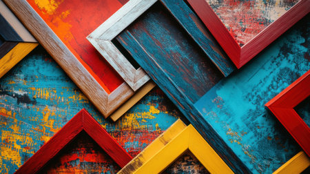 A vibrant collection of empty picture frames in various colors and textures arranged artistically on a rustic wooden surface, perfect for design inspiration.の素材
