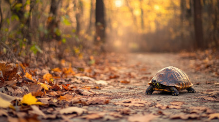 A turtle explores a quiet path in an autumn forest, surrounded by colorful leaves and soft sunlight. This serene nature scene captures the essence of a peaceful journey.の素材
