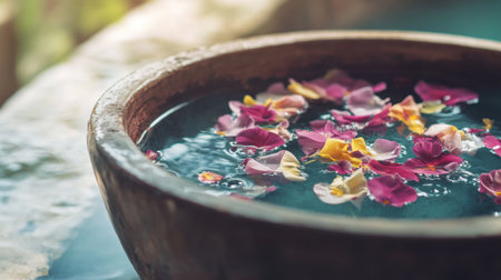 A serene wooden bowl filled with colorful petals floats on tranquil water, creating a perfect atmosphere for relaxation and wellness. Ideal for spa or beauty themes.の素材