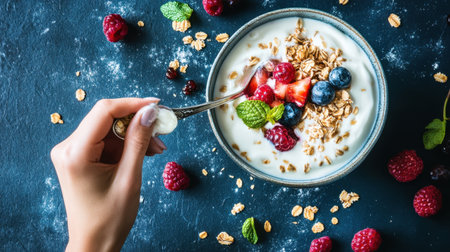 A vibrant yogurt bowl filled with fresh berries, oats, and mint leaves surrounded by scattered raspberries, creating a nutritious and visually appealing breakfast option.の素材