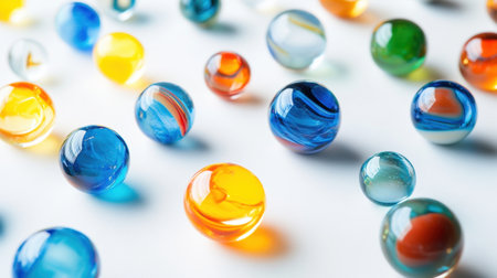 A captivating arrangement of colorful glass marbles on a white surface, showcasing a variety of designs and textures that evoke nostalgia and artistic flair.の素材