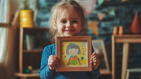 A joyful little girl proudly displays her colorful artwork in a cozy indoor setting, showcasing creativity and happiness with a warm ambiance and decorative elements.の素材