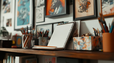 An inviting art studio showcasing a collection of colorful artwork, art supplies, and a blank sketchbook, perfect for inspiring creativity and artistic pursuits in a cozy environment.の素材