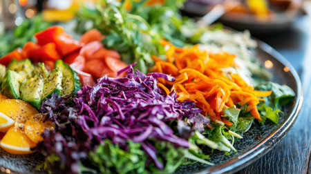 A beautiful arrangement of a fresh salad platter showcasing an assortment of vibrant vegetables and leafy greens, perfect for healthy meals and culinary inspiration.の素材