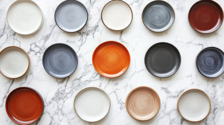 A visually appealing display of round ceramic plates in various colors neatly arranged on a marble table, perfect for modern kitchen or dining design inspiration.の素材