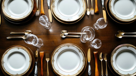 A beautifully arranged table setting featuring fine china plates, polished silverware, and elegant crystal glassware perfect for any formal dinner or special occasion celebration.の素材