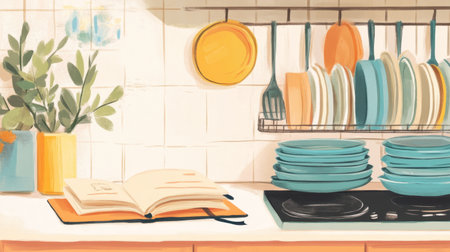 A vibrant and artistic kitchen scene featuring colorful plates, an open cookbook, and fresh greenery on the counter, perfect for culinary inspiration and home decor.の素材