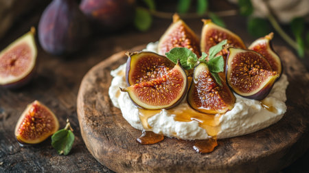 A delectable arrangement of fresh figs atop creamy ricotta, drizzled with honey and garnished with mint leaves, presents an inviting culinary delight on a rustic wooden board.の素材