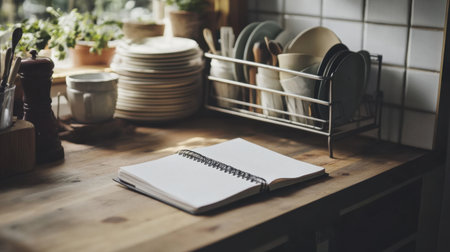 A serene kitchen setting featuring an open notebook on a rustic wooden counter, surrounded by dishware and utensils, basking in natural light for an inspiring and cozy atmosphere.の素材