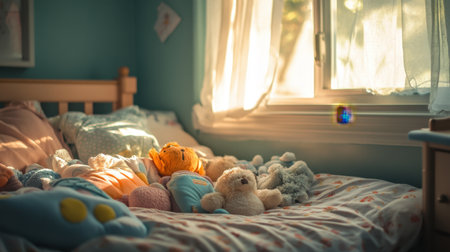 A serene child's bedroom filled with soft plush toys and warm sunlight streaming through the window, creating a cozy, inviting atmosphere perfect for relaxation and play.の素材