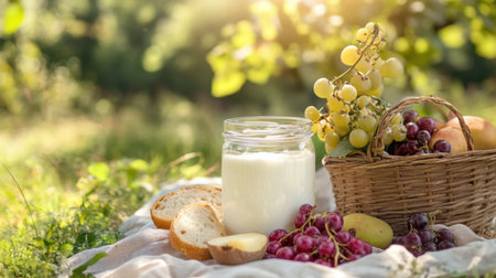 A charming picnic setup featuring a jar of milk, fresh fruits, and bread, beautifully arranged on a cloth in a sunny green landscape, perfect for outdoor enjoyment.の素材