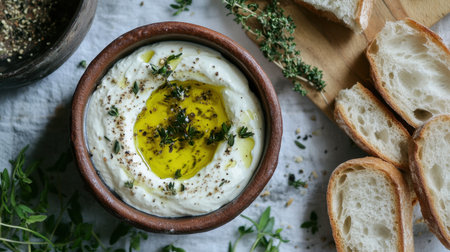 A rustic bowl filled with creamy dip, drizzled with olive oil and sprinkled with herbs, paired with soft bread slices, perfect for sharing at any occasion.の素材