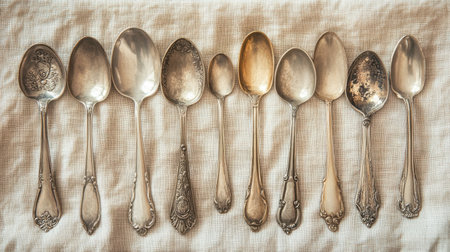 A beautiful arrangement of antique silver spoons featuring a variety of designs and patinas. Perfect for vintage enthusiasts or as decorative kitchen elements.の素材