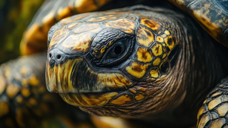 Stunning close-up image of a tortoise showcasing intricate shell patterns and vivid colors, symbolizing the beauty of wildlife in its natural environment.の素材